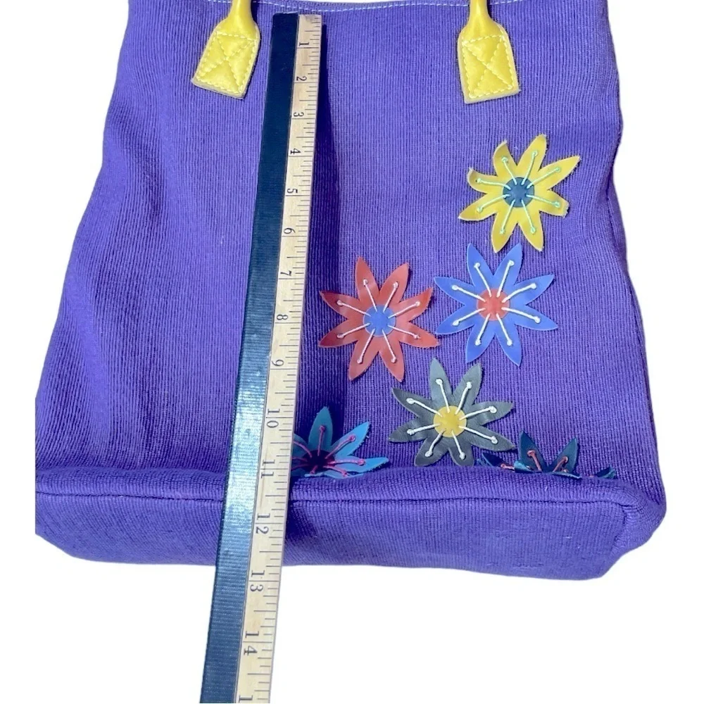 Jute and leather Purple tote bag with leather handle and flowers